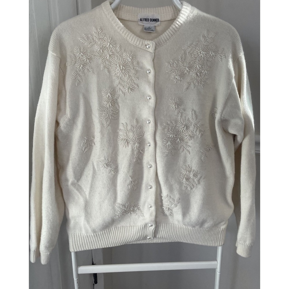 VTG Alfred Dunner Beaded Embellished White/ Cardigan Sweater GrandmaCore Sz Lg